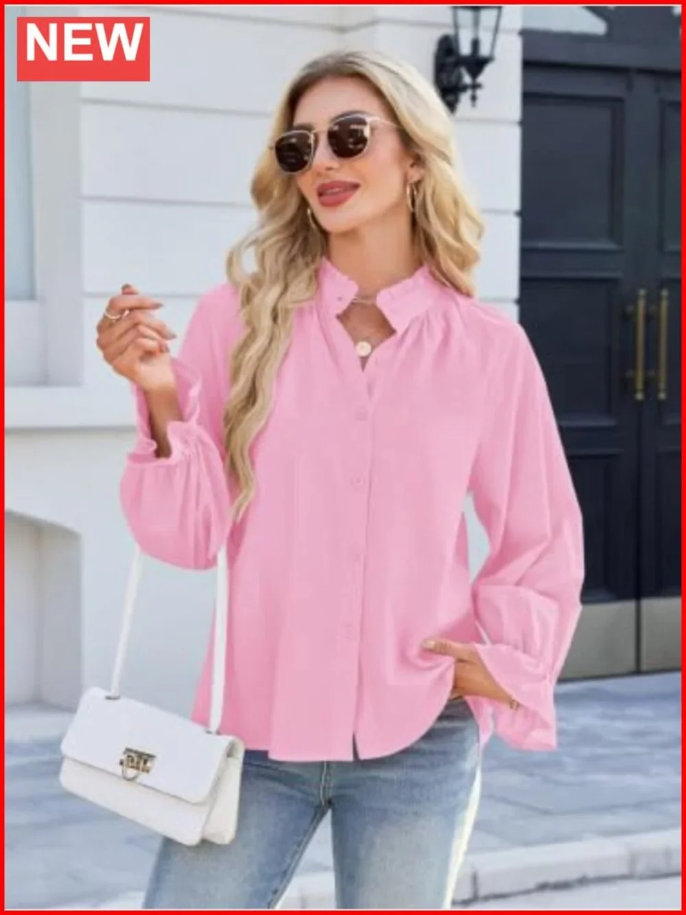 Womens Button Down Long Sleeve Blouse Stand Collar Ruffle Puff Sleeve Top